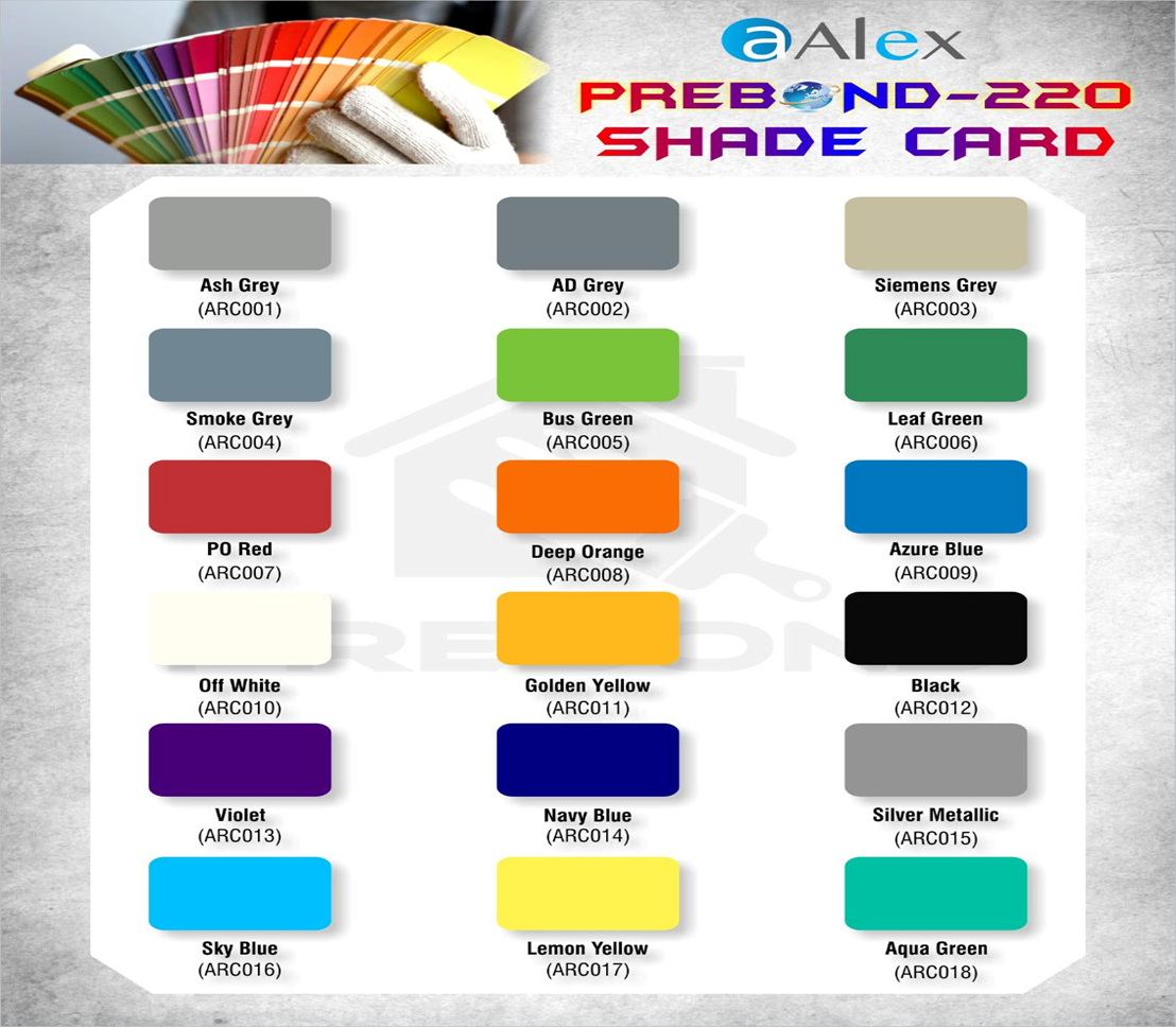 PREBOND-220 acid, alkali and corrosion resistant paint - colour shade chart with available colour options